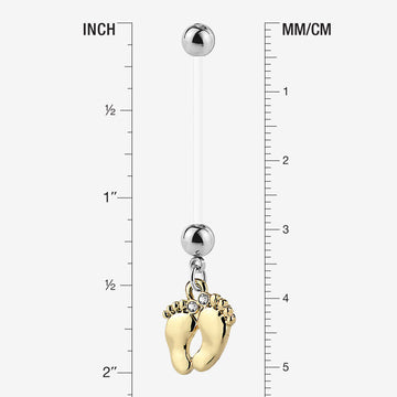 Detail View 1 of Golden Baby Feet Sparkle Dangle Bio-Flex Pregnancy Belly Button Ring-Clear Gem